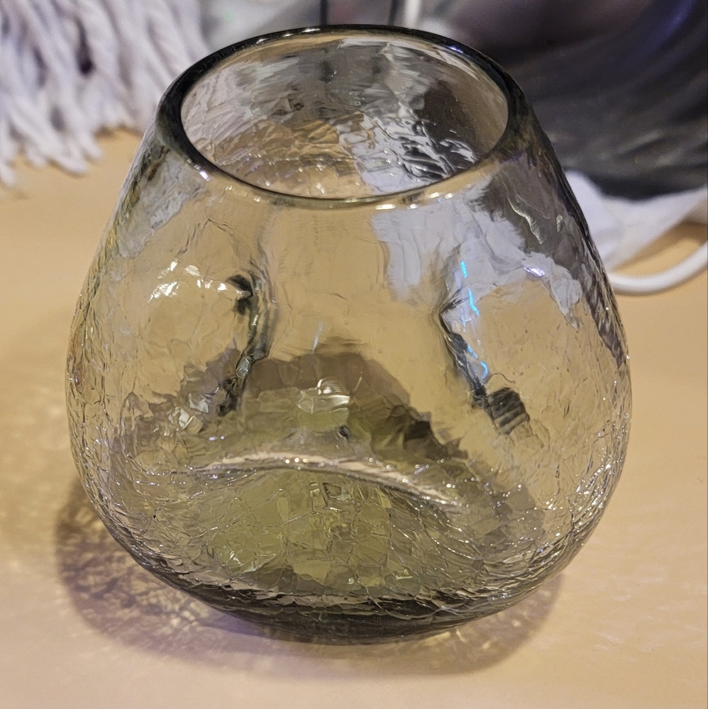 Vintage smokey gray crackle glass vase. Handblown, unique triangle shape.